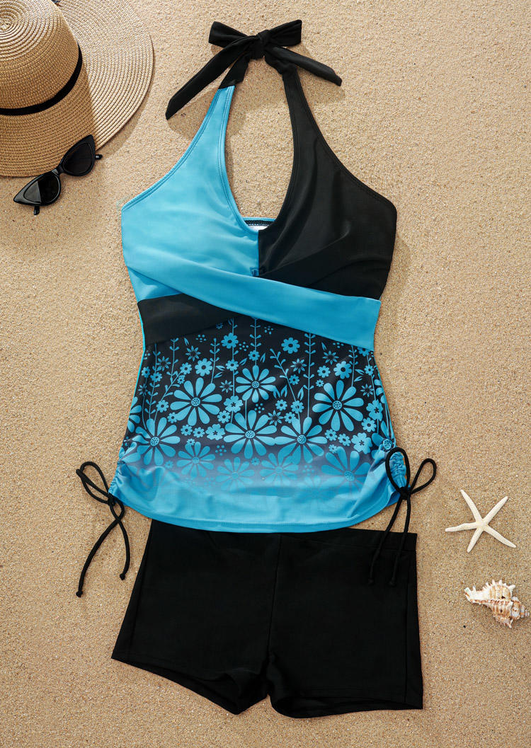 

Tankinis Color Block Floral Criss-Cross Halter Tankini Set in Black. Size