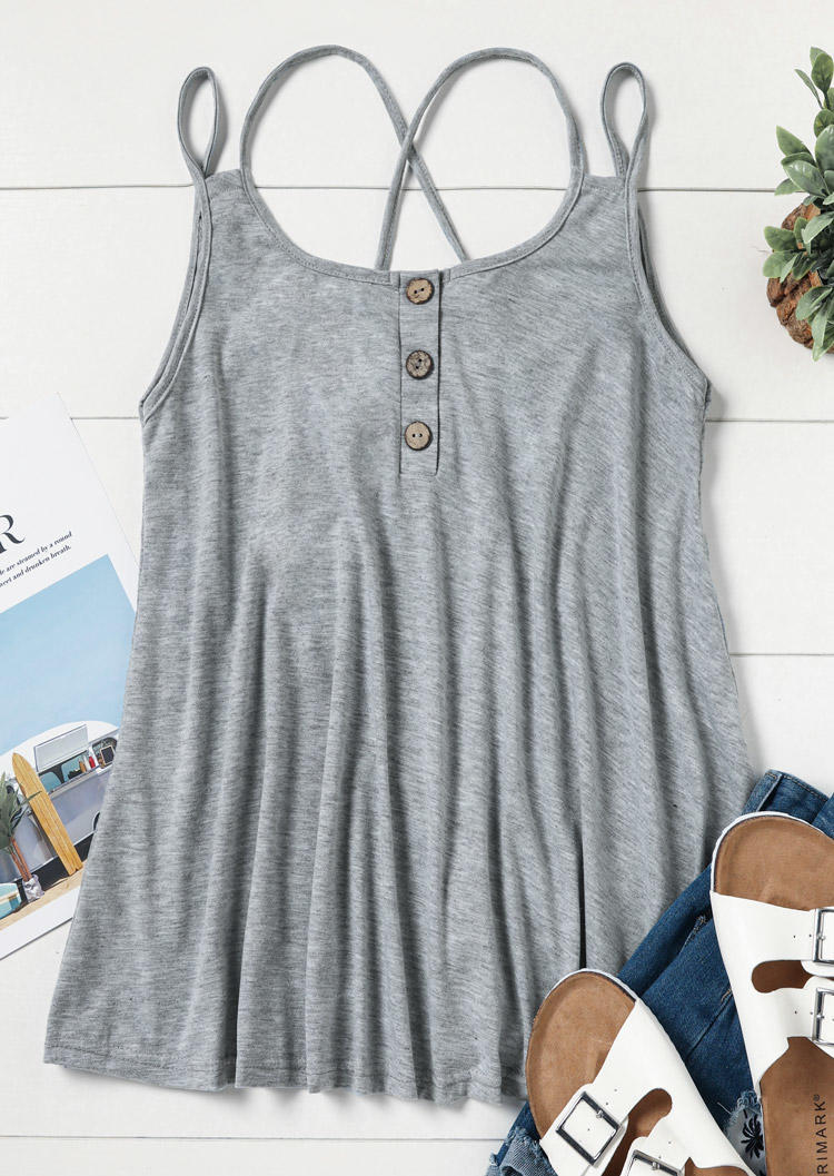 Criss-Cross Button Open Back Ruffled Camisole - Gray