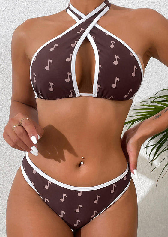 

Bikini Sets Musical Note Hollow Out Criss-Cross Halter Bikini Set in Brown. Size: L