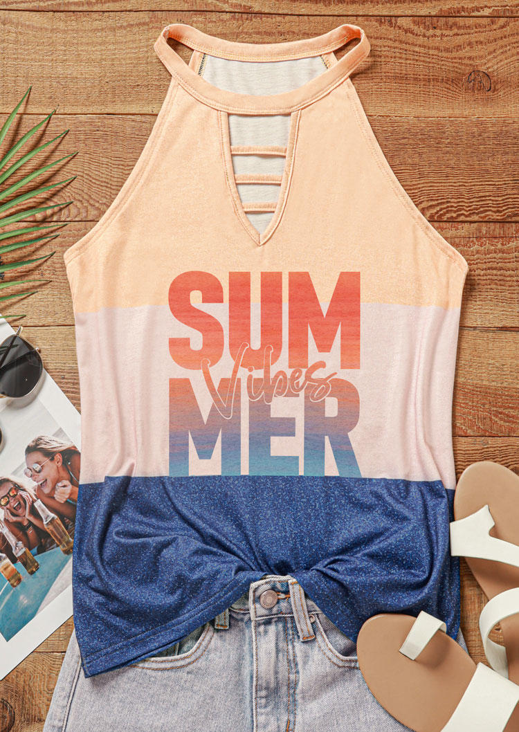 

Tank Tops Summer Vibes Color Block Hollow Out Block Keyhole Neck Tank Top in Multicolor. Size: L,M,,XL