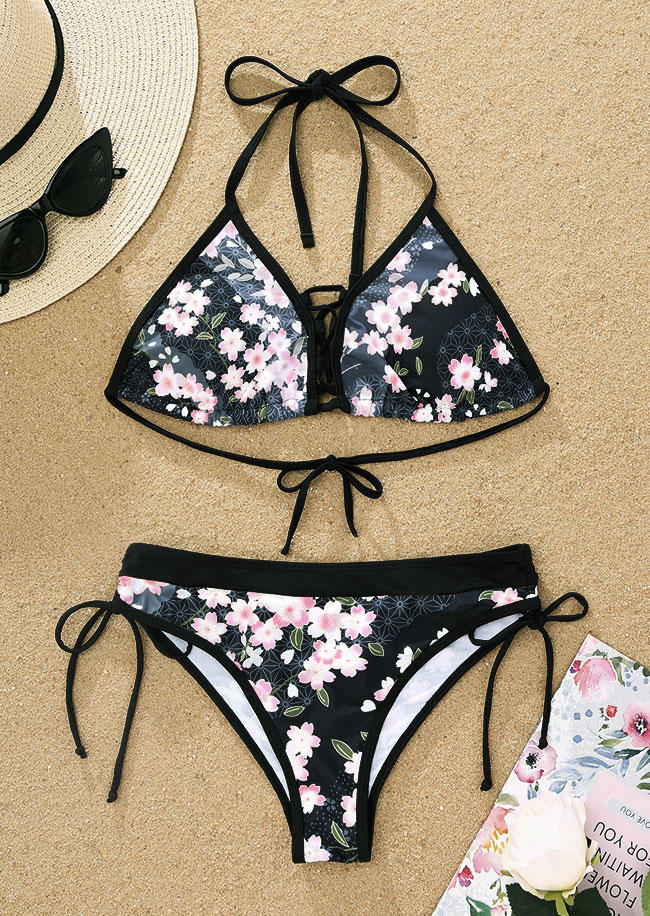 

Bikini Sets Floral Criss-Cross Halter Bikini Set in Black. Size: L,M,,XL