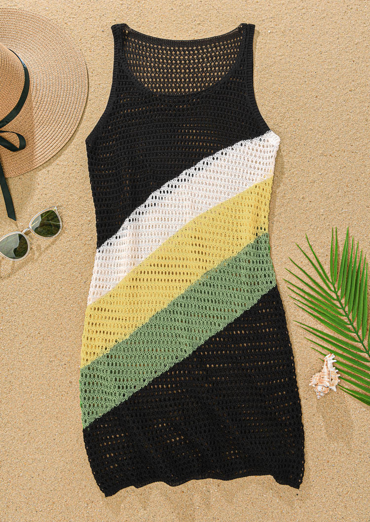 

Cover Ups Color Block Hollow Out Crochet Cover Up Dress in Black. Size