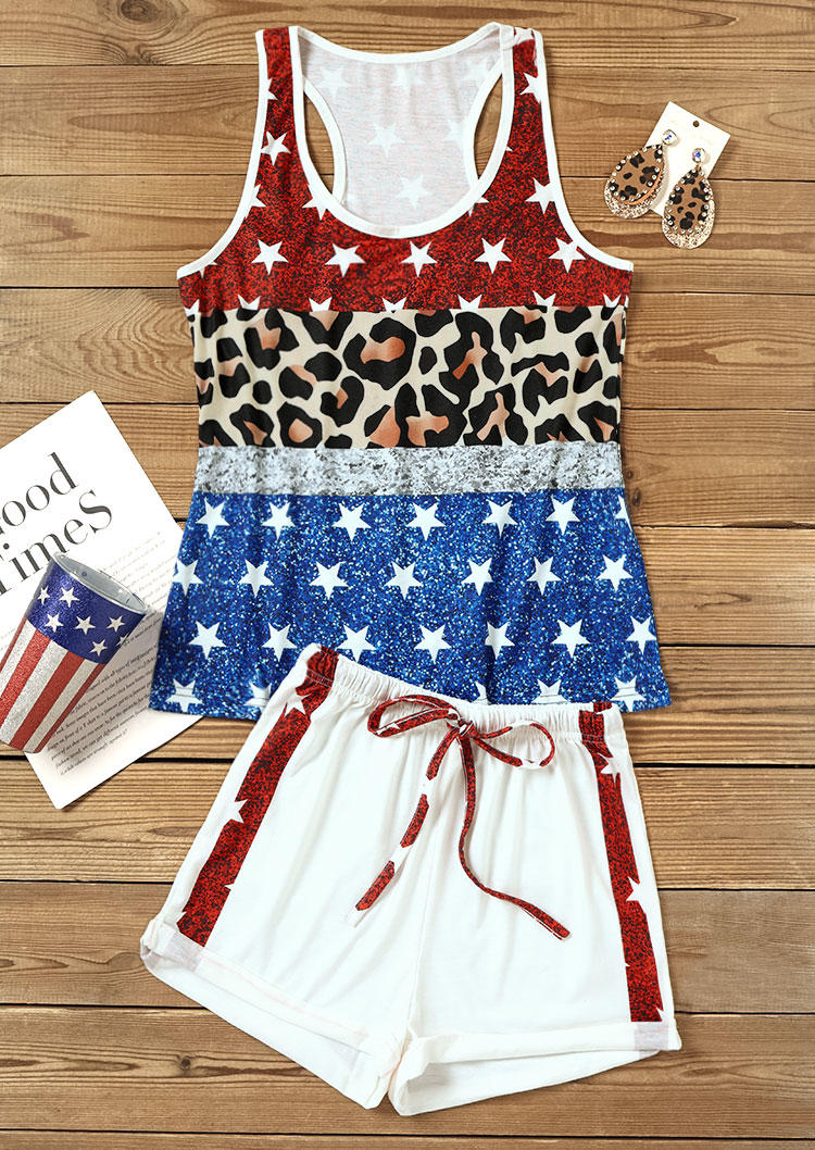 

Sleepwear American Flag Leopard Glitter Racerback Tank And Shorts Pajamas Set in Multicolor. Size