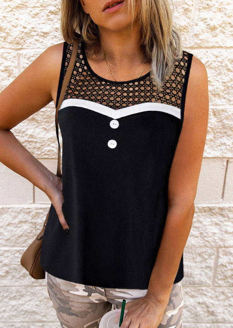

Tank Tops Color Block Button Hollow Out Tank Top in Black. Size: L,M