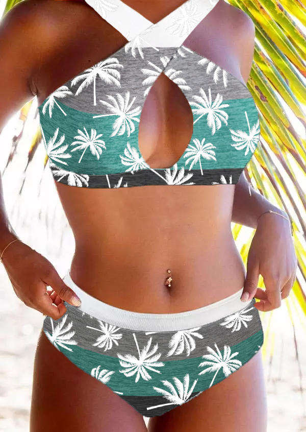 Coconut Tree Color Block Criss-Cross Hollow Out Bikini Set