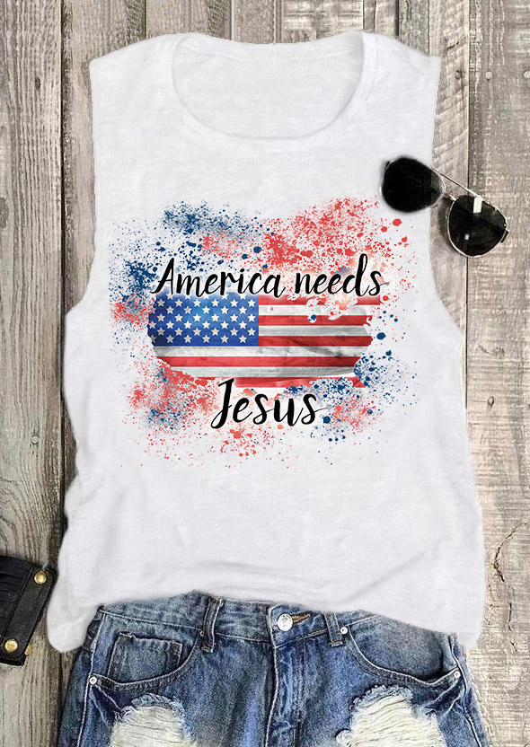 

Tank Tops America Needs Jesus Flag Glitter Tank Top in White. Size: M