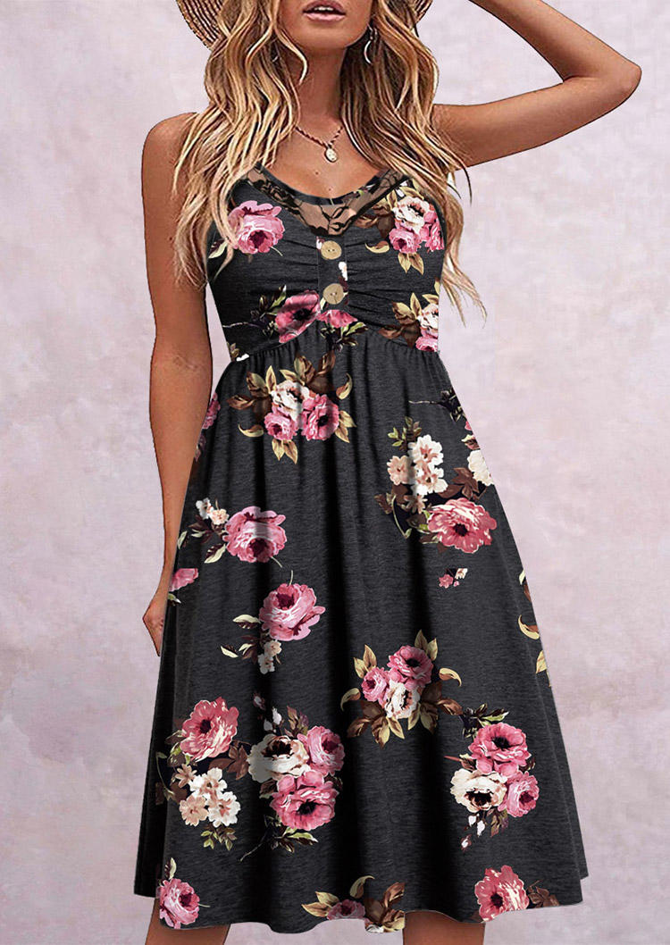 Floral Lace Splicing Ruffled Button Mini Dress - Black