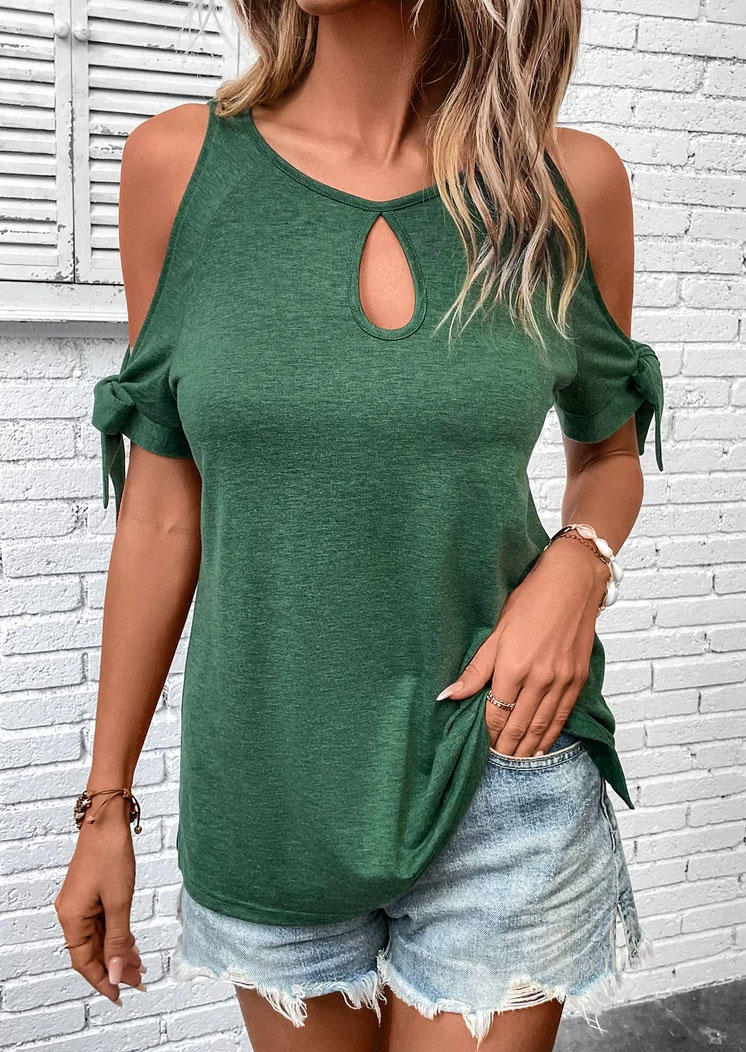 

Blouses Hollow Out Tie Cold Shoulder Keyhole Neck Blouse in Green. Size: L,M