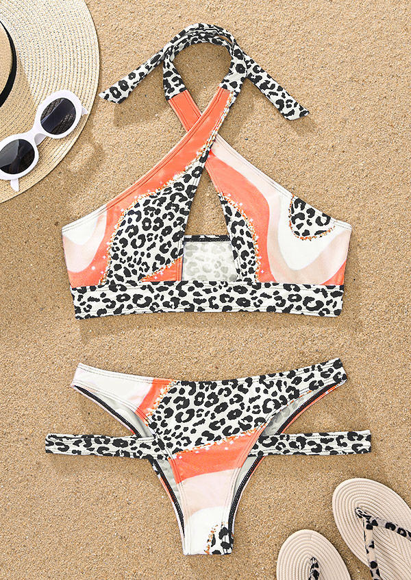 

Bikini Sets Leopard Hollow Out Criss-Cross Halter Bikini Set in Multicolor. Size: L,,XL