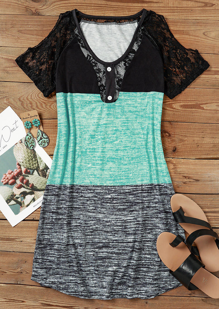 

Mini Dresses Color Block Lace Splicing Button Cold Shoulder Mini Dress in Multicolor. Size: L