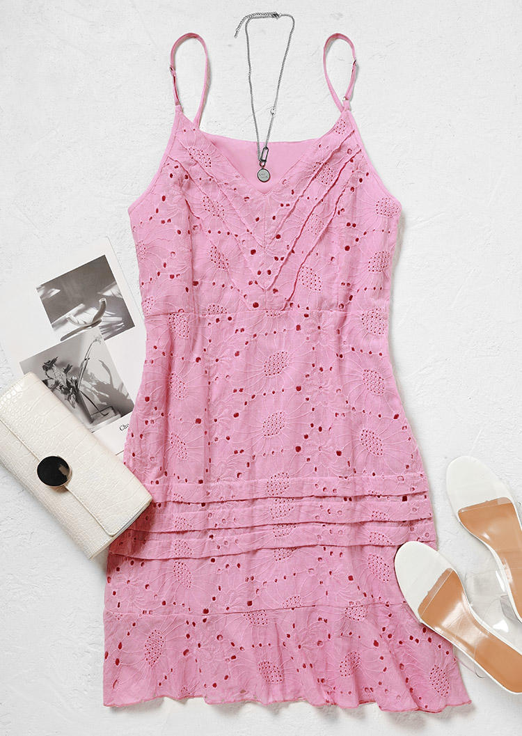 

Mini Dresses Hollow Out Ruffled Spaghetti Strap V-Neck Mini Dress in Pink. Size: L,,XL