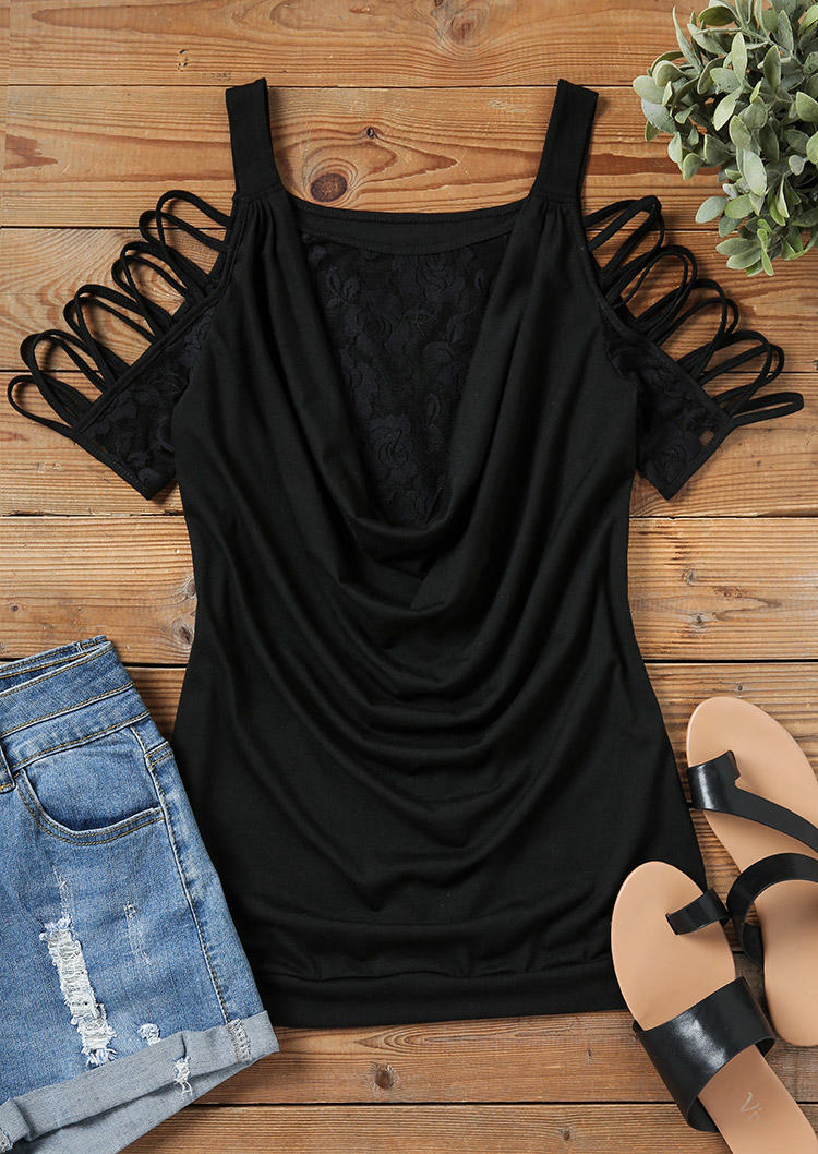 

Blouses Lace Splicing Hollow Out Draped Cold Shoulder Blouse- Black in Black. Size: L,,XL