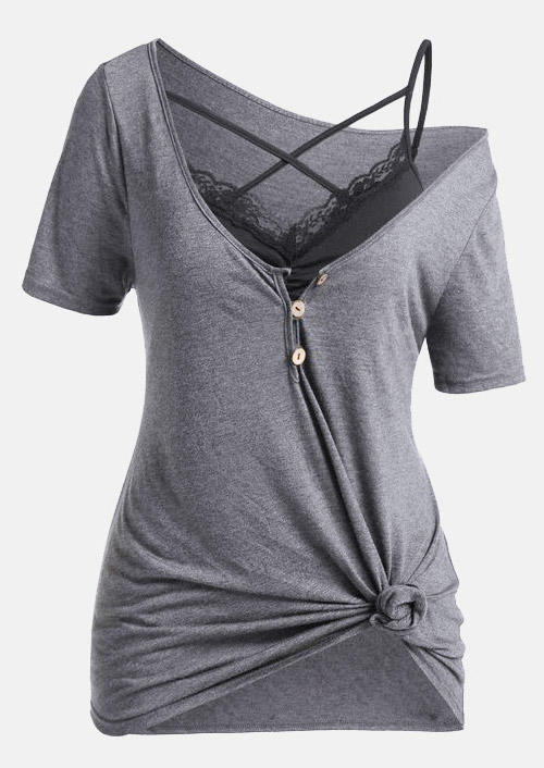Lace Splicing Criss-Cross Button Fake Two-Piece Blouse - Dark Grey