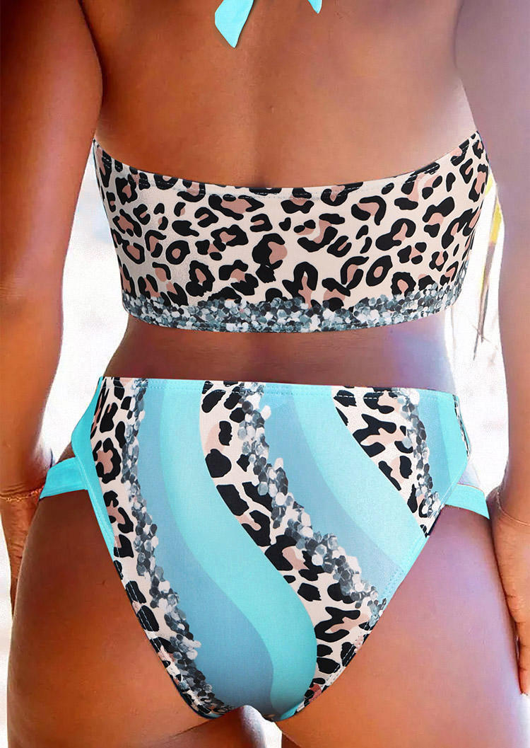 

Bikini Sets Leopard Color Block Criss-Cross Hollow Out Halter Bikini Set in Blue. Size: M