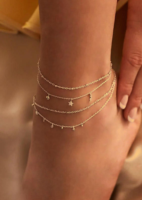 

Body Jewelry Star Moon Rhinestone Multi-Layered Anklet in Gold. Size