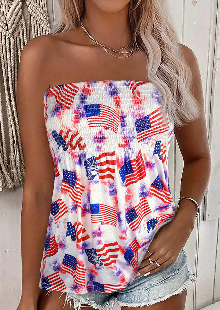 

Tank Tops American Flag Smocked Ruffled Strapless Bandeau Tank Top in Multicolor. Size: L,M,,XL