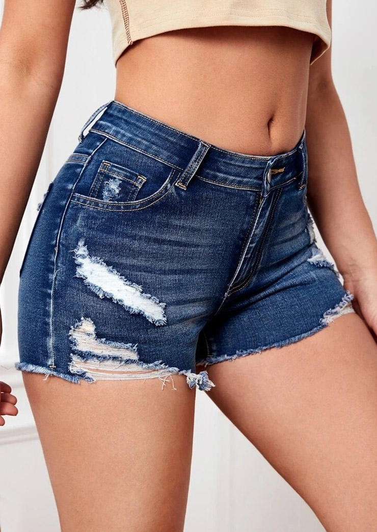 

Shorts Pocket Button Ripped Hole Denim Shorts in Blue. Size