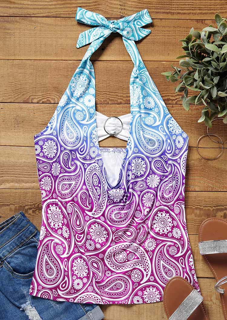 

Tank Tops Paisley Gradient Floral Hollow Out Halter Fake Two-Piece Tank Top in Multicolor. Size: L,M,,XL