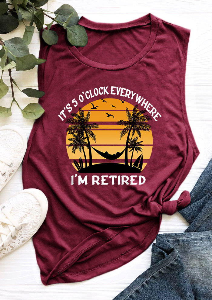 

Tank Tops It' 5 O'Clock Everywhere I'm Retired Coconut Tree Sunset Tank Top - Burgundy in Red. Size