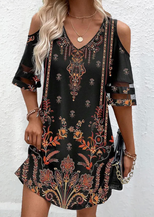 Floral Mesh Ethnic Cold Shoulder Mini Dress