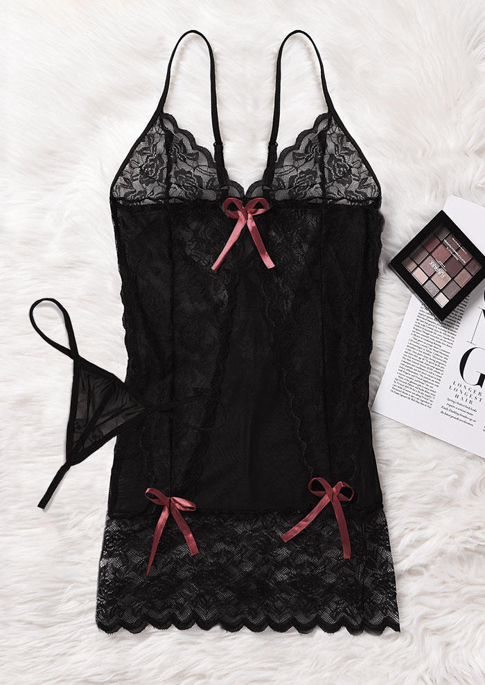 

Lingerie 2Pcs Bowknot Lace Splicing Lingerie Set in Black. Size
