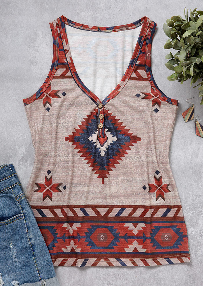 

Tank Tops Aztec Geometric Button Casual Tank Top in Multicolor. Size