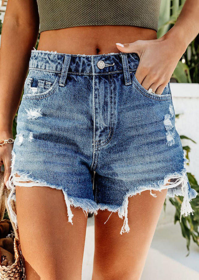 Pocket Button Ripped Frayed Hem Denim Shorts - Blue