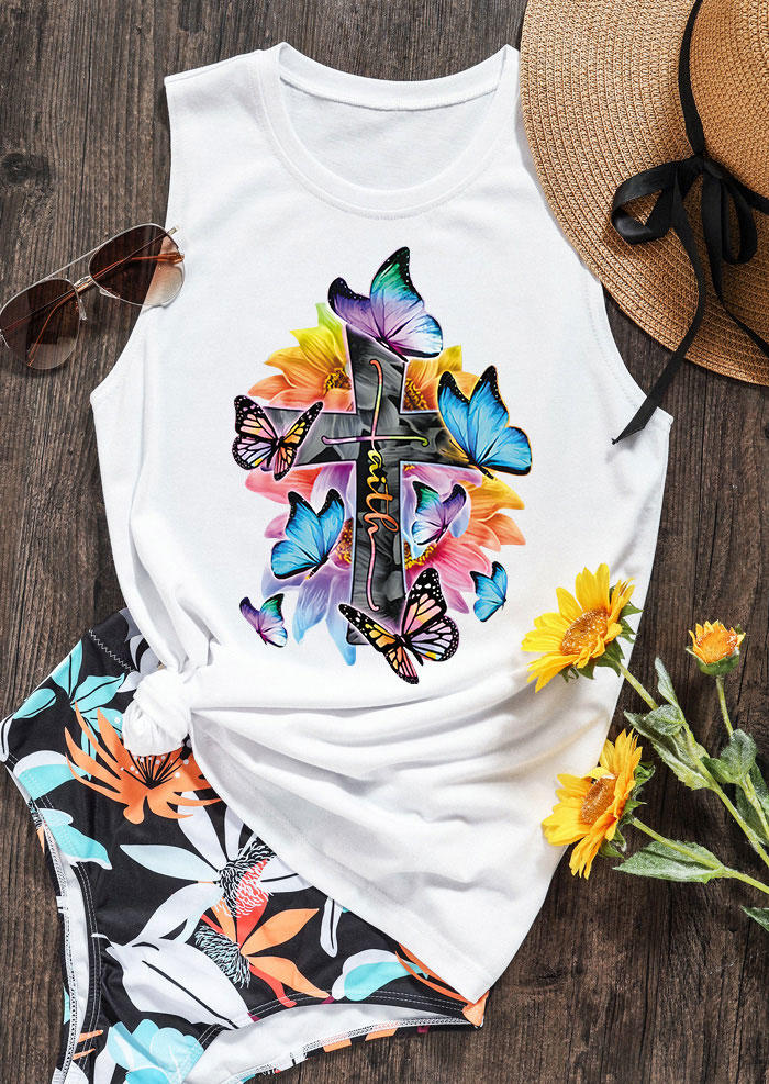 

Tank Tops Faith Floral Butterfly Cross Tank Top in White. Size
