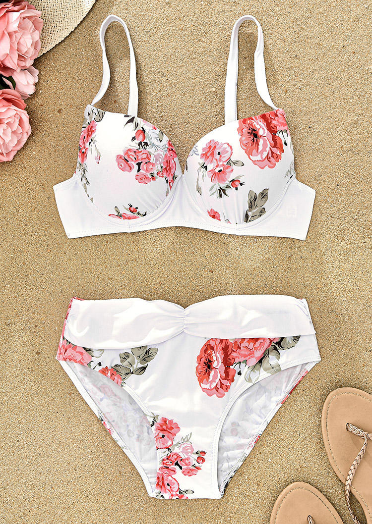 

Bikini Sets Floral Ruched Adjustable Strap Bikini Set in White. Size
