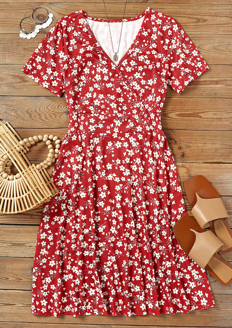 

Mini Dresses Ditsy Floral Ruffled Wrap Mini Dress in Red. Size