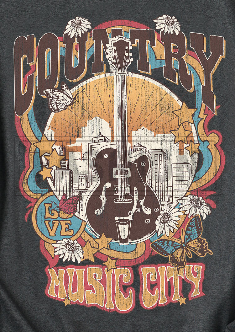 Country Music City Guitar T-Shirt Tee - Dark Grey
