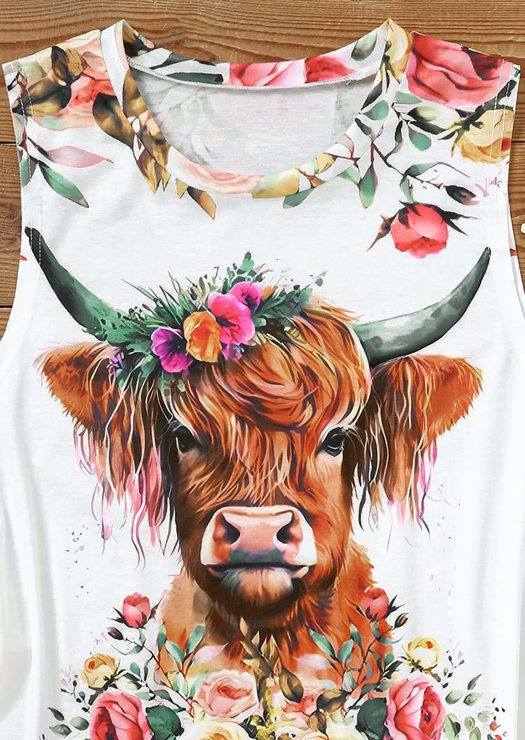 Floral Highland Cattle Tank - White