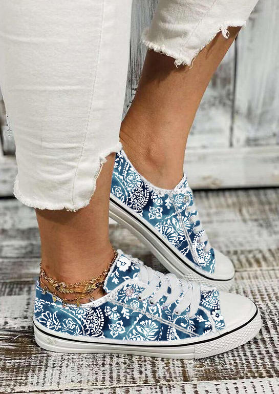 Floral Tie Dye Frayed Lace Up Flat Sneakers - Blue