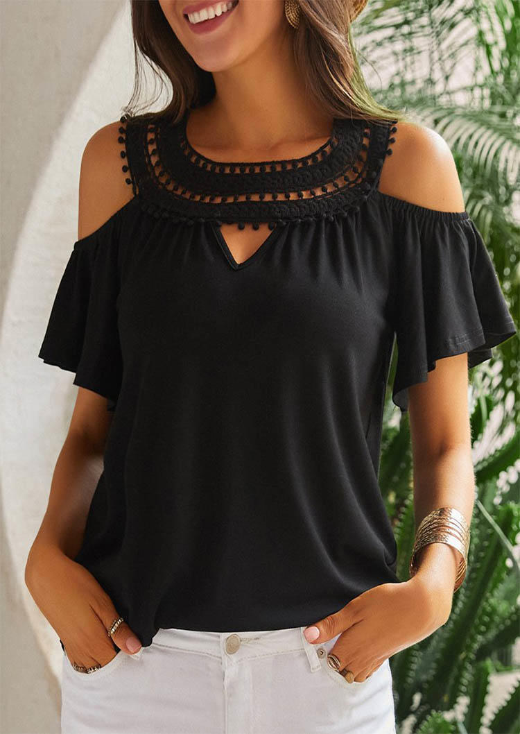 

Blouses Button Hollow Out Cold Shoulder Blouse in Black. Size: L,M