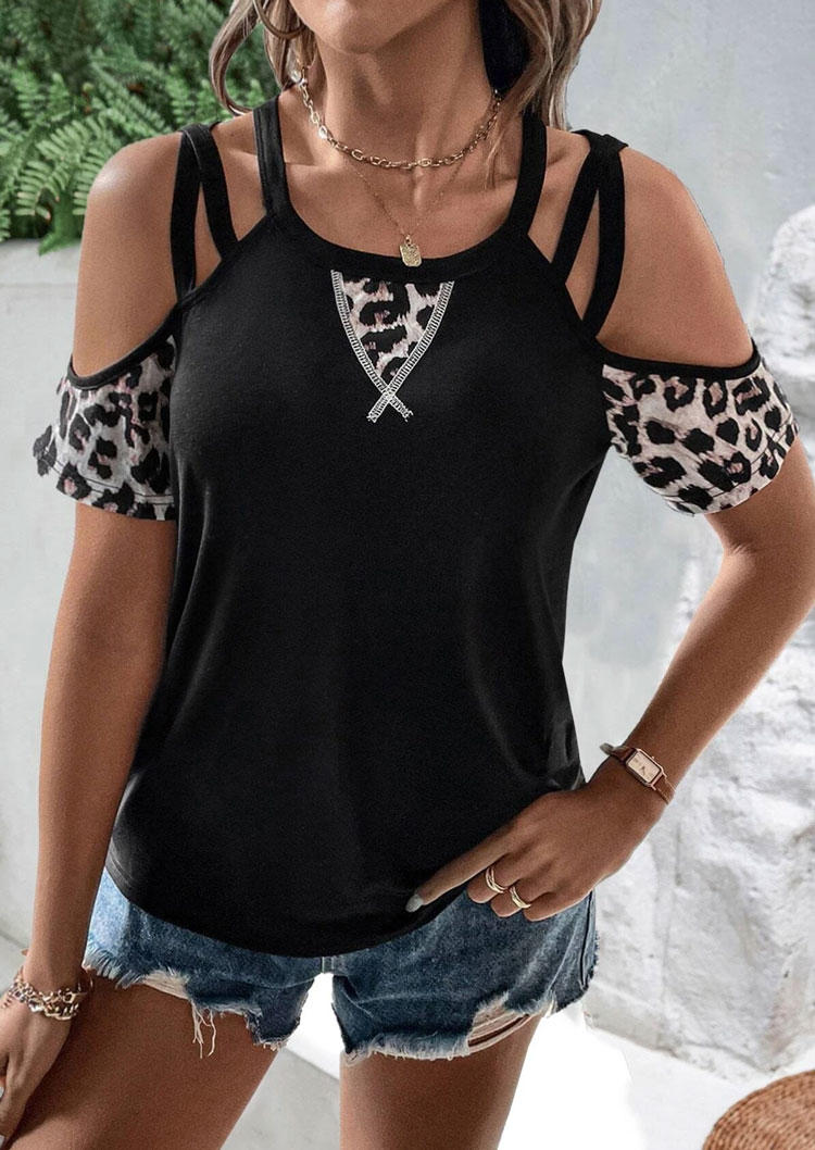 

Blouses Leopard Hollow Out Cold Shoulder Blouse in Black. Size