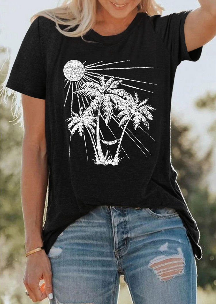 

T-shirts Tees Coconut Tree Sun O-Neck T-Shirt Tee in Black. Size