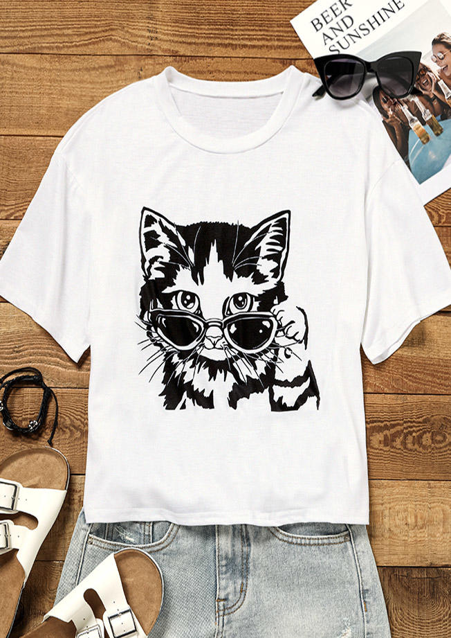 

T-shirts Tees Cat O-Neck Casual T-Shirt Tee in White. Size