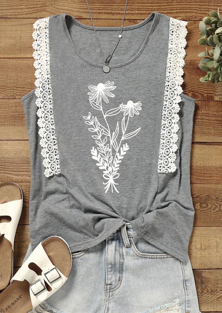 

Tank Tops Wild Flower Lace Splicing O-Neck Tank Top in Gray. Size: L,M,,XL