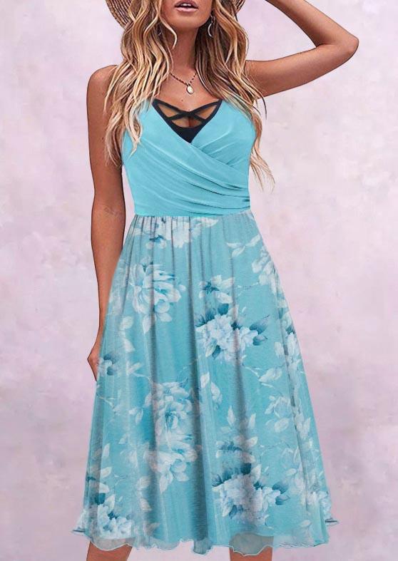 Floral Criss-Cross Wrap Ruffled Fake Two-Piece Mini Dress - Light Green