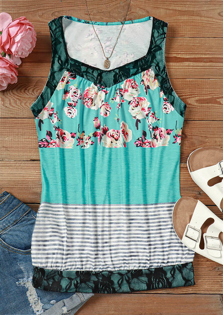 

Tank Tops Floral Lace Splicing Striped Tank Top in Multicolor. Size: L,M,,XL