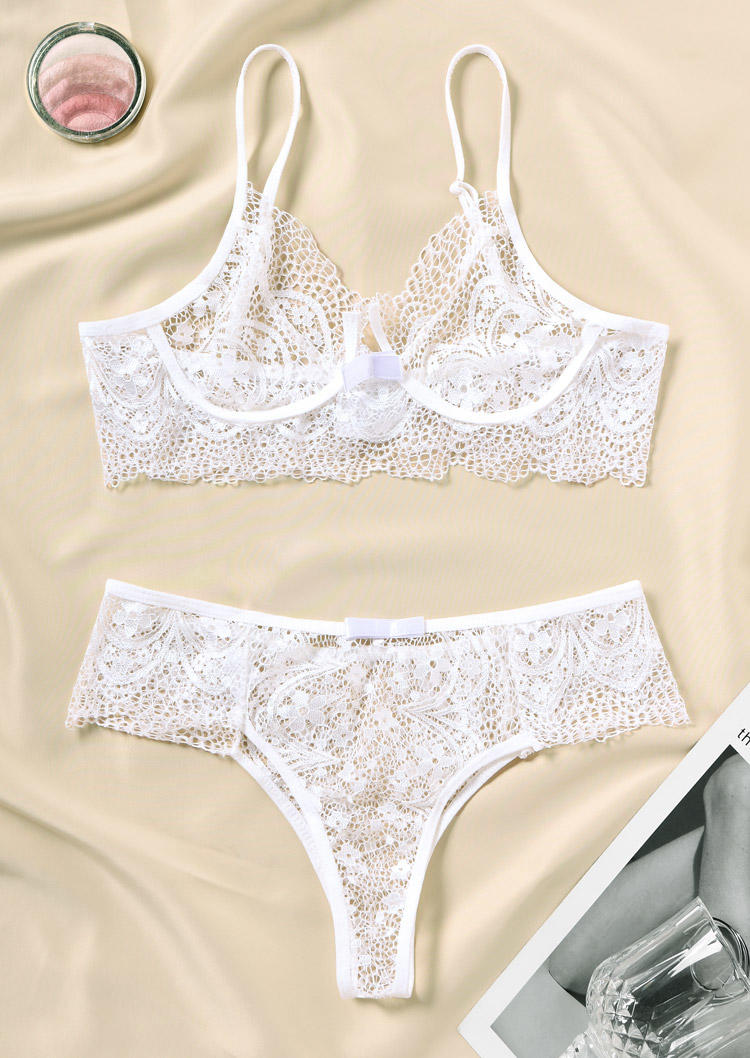

Lingerie Lace Splicing Bowknot Lingerie Set in White. Size