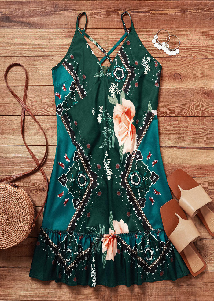 

Mini Dresses Floral Ethnic Ruffled Criss-Cross Spaghetti Strap Mini Dress in Green. Size