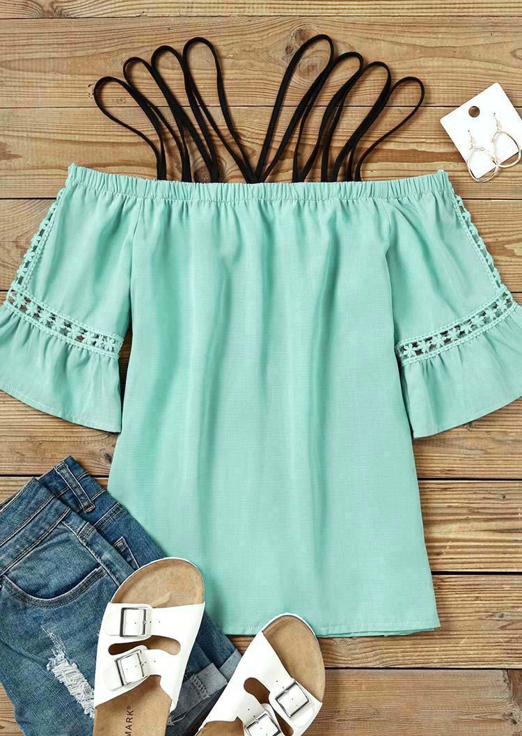 

Blouses Lace Splicing Ruffled Spaghetti Strap Cold Shoulder - Light Green in Green. Size: L,M,,XL