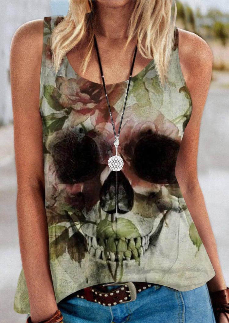 

Tank Tops Floral Skull Sleeveless U-Neck Tank Top in Multicolor. Size: M