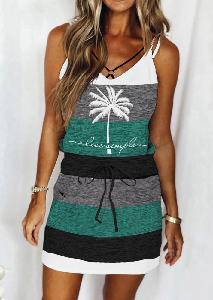 Live Simple Coconut Tree Color Block Hollow Out Mini Dress