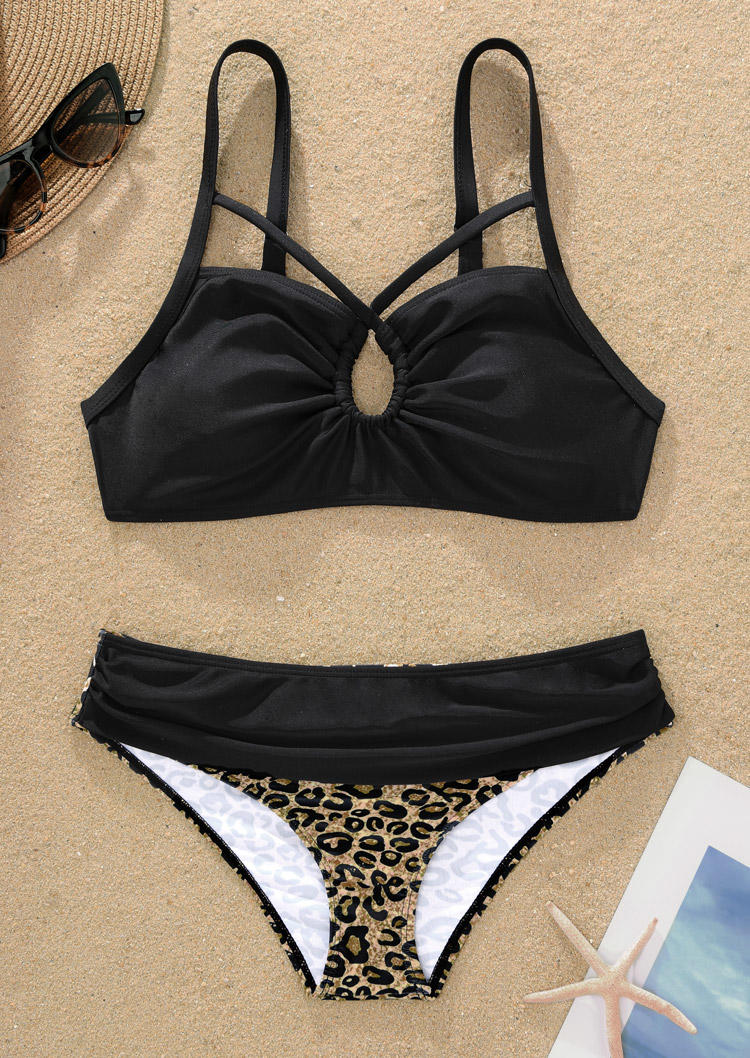 

Bikini Sets Leopard Hollow Out Drawstring Bikini Set in Multicolor. Size