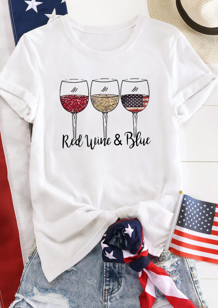 

T-shirts Tees Red Wine And Blue American Flag T-Shirt Tee in White. Size
