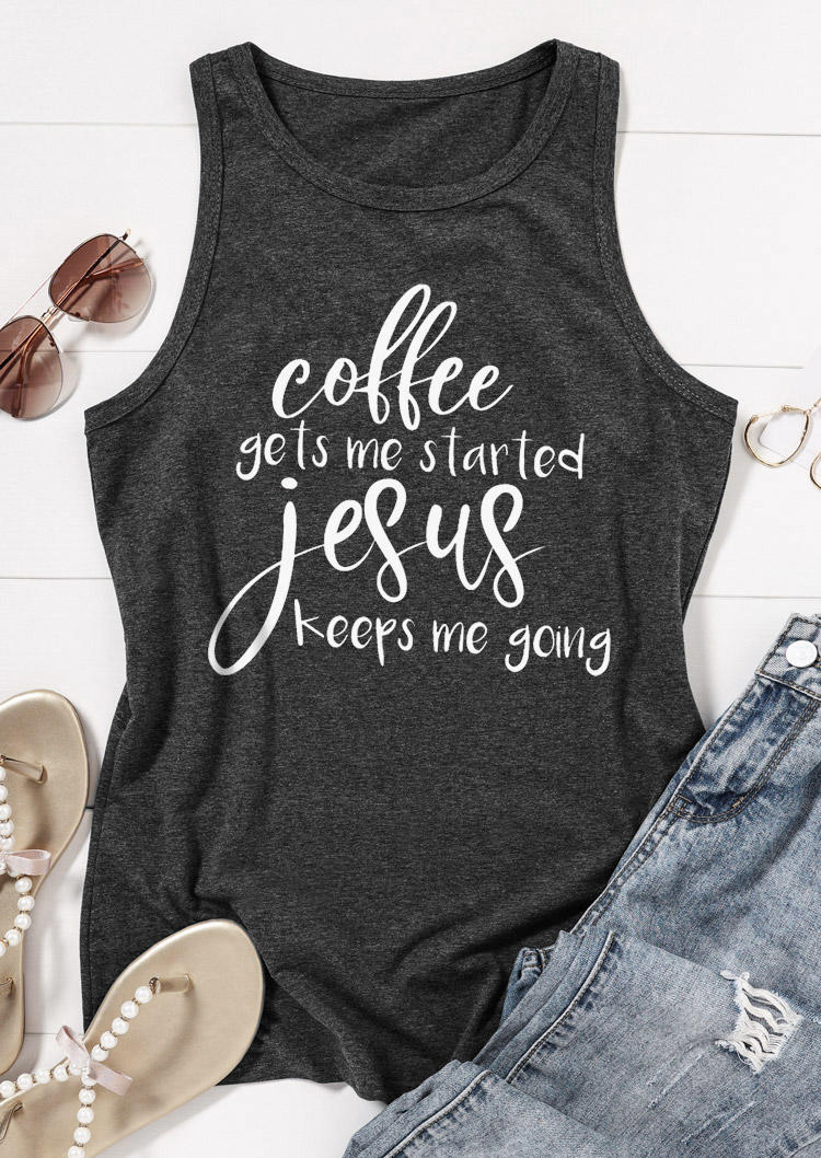 

Tank Tops Coffee Gets Me Started Jesus Keeps Me Going Racerback Tank Top - Dark Grey in Gray. Size