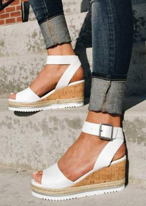 Buckle Strap Peep Toe Wedge Sandals - White