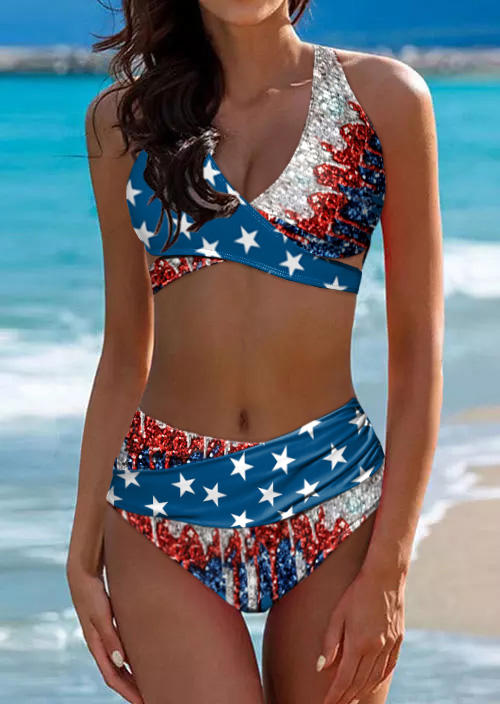 Glitter American Flag Halter Tie Bikini Set